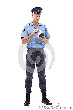 Ticket, parking fine and police writing on notepad for traffic laws, public service and crime on white background Stock Photo