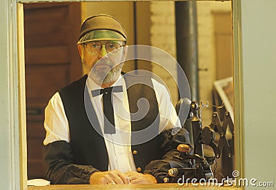 Ticket taker in full costume at Standard Gauge Steam Train attraction, Eureka Springs, AR Editorial Stock Photo