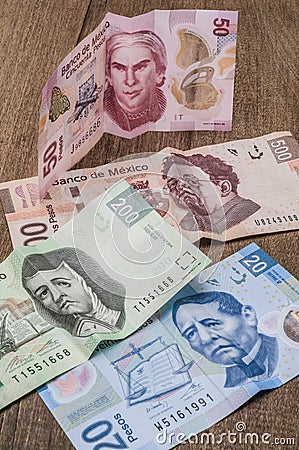 Tickets of 20, 50, 200 and 500 mexican pesos seem to be sad. Editorial Stock Photo