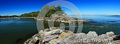 Gulf Islands National Park Landscape Panorama of Tidal Current at Boat Pass, Saturna Islands, British Columbia, Canada Stock Photo