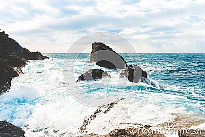 Tidal wave Manarola, village of Cinque Terre, Italy Stock Photo