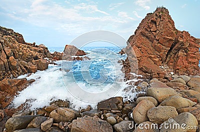 Tide after storm, Sea of Japan, rock shore Stock Photo