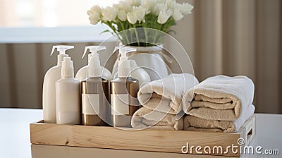 Tidiness in Timber - Towel Organizer and Soap on Display. Generative AI Stock Photo