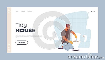 Tidy House Landing Page Template. Man Household Duties. Handyman Remove Blockage with Plunger in Toilet Vector Illustration