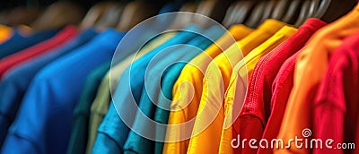 Tidy Rack Of Vibrant Shirts Creates A Kaleidoscope Of Colors Stock Photo