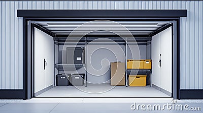 A tidy storage space featuring shelving, colorful boxes, and organized items, perfect for showcasing efficient organization Stock Photo