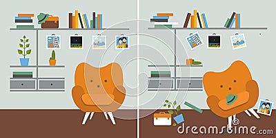 Tidy und untidy room. Living room with armchair and book shelves. Vector Illustration