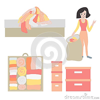 Tidy up and declutter concept vector icon set. Closet organization illustration. Woman with bag decluttering and tidying her Vector Illustration