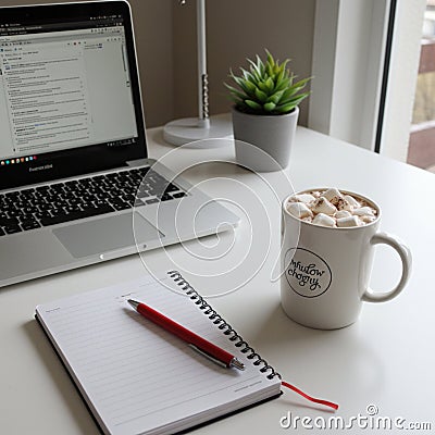A tidy workspace features an open laptop displaying a web page, a spiral notebook Stock Photo