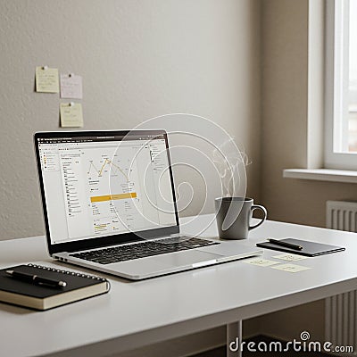 A tidy workspace with a white desk features an open laptop displaying a line graph Stock Photo