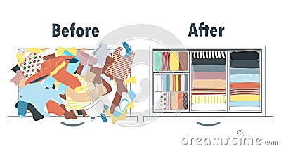 Before and after tidying up kids wardrobe in drawer. Messy clothes and nicely arranged clothes in piles. Vector Illustration