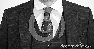 Tie goes inside vest. Vested three-piece suit worn with tie. Necktie collection. Fashion accessory. Formal style Stock Photo
