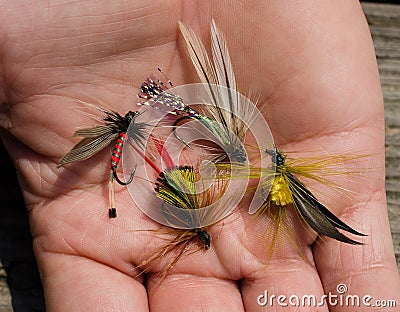 Tied flies for fly fishing bait Stock Photo