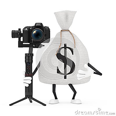 Tied Rustic Canvas Linen Money Sack or Money Bag and Dollar Sign Character Mascot with DSLR or Video Camera Gimbal Stabilization Stock Photo
