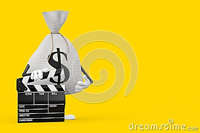 Tied Rustic Canvas Linen Money Sack or Money Bag and Dollar Sign Character Mascot with Movie Clapper Board. 3d Rendering Stock Photo