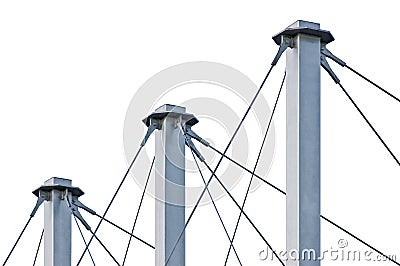 Tied Suspension Roof Cables, Three Tall Blue Grey Isolated Masts, Cable-suspended Swooping Rooftop Pylon Anchors, Large Detailed Stock Photo