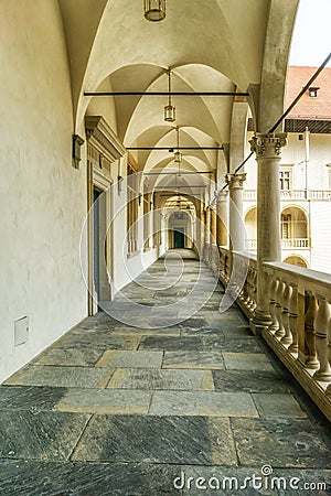 The tiered arcades of Sigismund I the Old in the Italian Renaissance courtyard within Wawel Castle Stock Photo