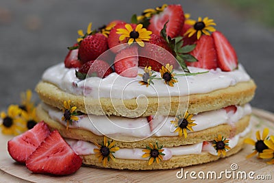 tiered layered cake with yellow wildflowers and strawberries wood board summer cake Stock Photo