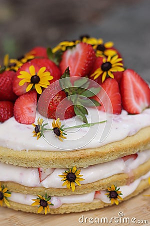 tiered layered cake with yellow wildflowers and strawberries wood board summer cake Stock Photo