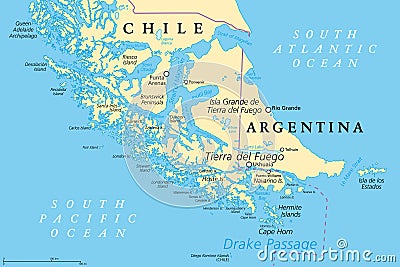 Tierra del Fuego archipelago, southernmost tip of South America, political map Vector Illustration