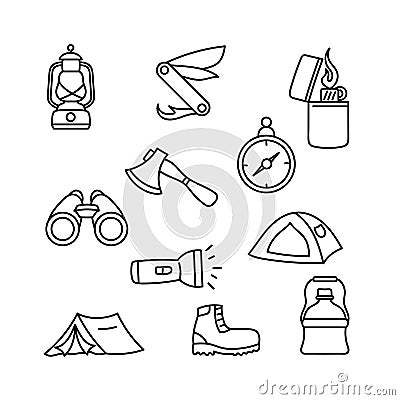 Camping and hiking icon set vector illustration with simple hand drawn Cartoon Illustration