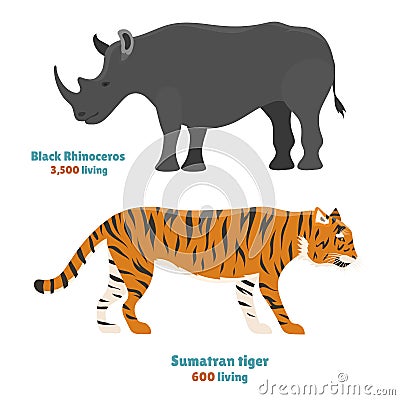 Tiger action wildlife animal danger rhinoceros mammal fur wild bengal wildcat character rino vector illustration Vector Illustration