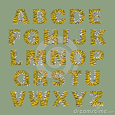 Tiger alphabet of bold letters white and orange with black stripes Vector Illustration