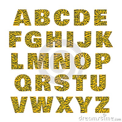Tiger alphabet of bold letters white and orange with black stripes Vector Illustration