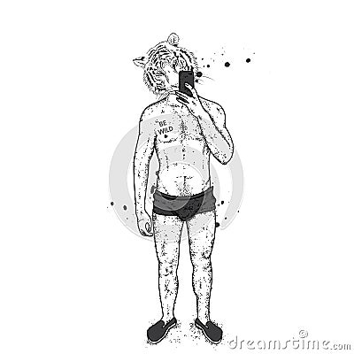 Tiger with a beautiful male body in swimming trunks and shoes. A guy takes pictures of himself on a smartphone in the mirror. Vect Vector Illustration