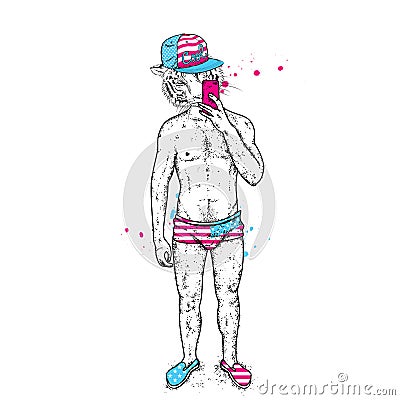 Tiger with a beautiful male body in swimming trunks and shoes. A guy takes pictures of himself on a smartphone in the mirror. Vect Vector Illustration