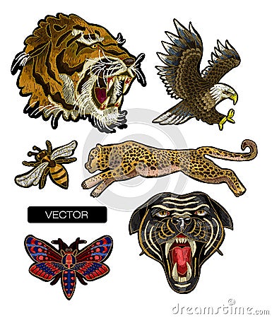 Tiger, bee, butterfly, eagle, leopard and panther embroidery patches for textile design. Vector Illustration