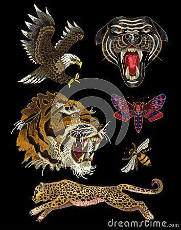 Tiger, bee, butterfly, eagle, leopard and panther embroidery patches for textile design. Vector Illustration