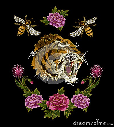 Tiger, bee and peony flowers embroidery patches for textile design Vector Illustration