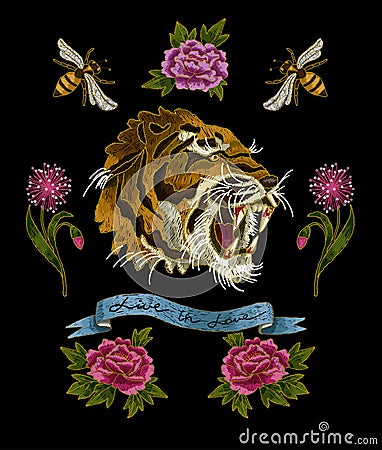 Tiger, bee and peony flowers embroidery patches for textile design Vector Illustration