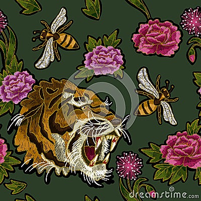 Tiger, bee and peony flowers embroidery pattern for textile design. Vector Illustration