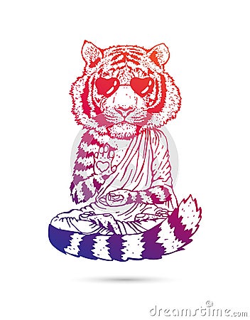 Tiger - Buddha - a monk in cool sunglasses. Buddhist in a robe. A tiger in a lotus position soars above the ground Vector Illustration