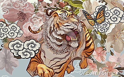 Tiger and butterfly amid cherry blossom illustration Vector Illustration
