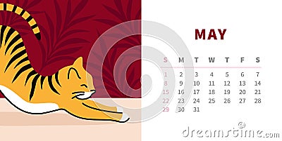 Tiger calendar design concept 2022. Horizontal page template for may. Ginger tabby cat stretching. Chinese symbol of the Vector Illustration