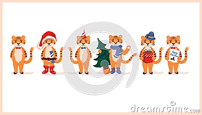 Tiger cartoon set collection. Year of a tiger in Chinese calendar Vector Illustration