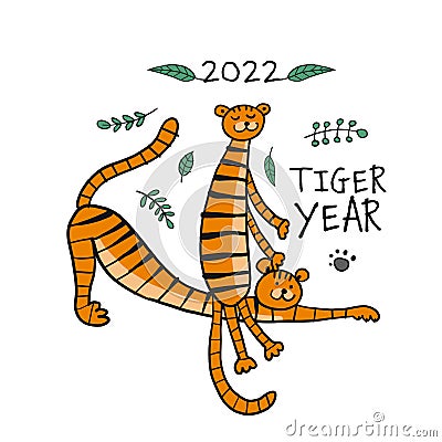 Tiger Cartoons, animal character. Symbol of 2022 New Year. Design Template for Christmas card, banner, poster, holiday Vector Illustration