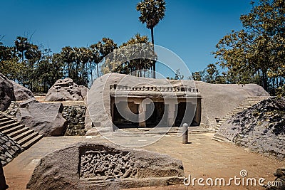 The Tiger Cave is a rock-cut Hindu temple, Rockcut Shiva Temple Excavated located near Mahabalipuram in Tamil Nadu Stock Photo