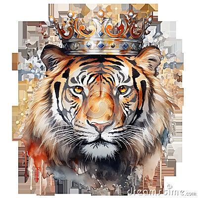 tiger with crown portrait, watercolor portrait with tiger, king tiger Cartoon Illustration