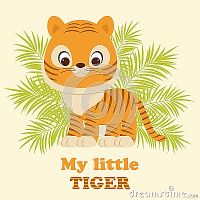 Tiger cub staying in front of tropical leaves Vector Illustration