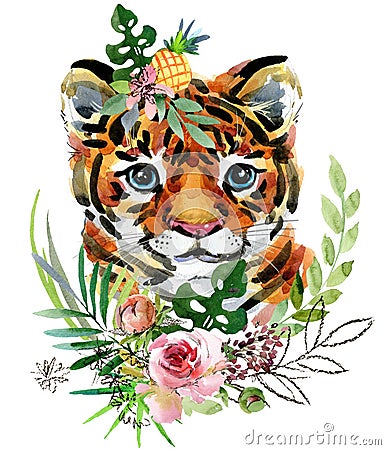 Tiger cub. wild animals watercolor illustration Cartoon Illustration