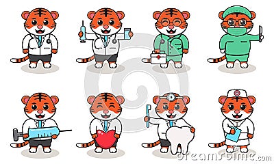 Vector illustration of Cute Character Cartoon of Tiger Doctor. Vector Illustration