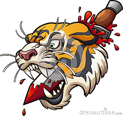 Cartoon tiger head stabbed by a dagger Vector Illustration