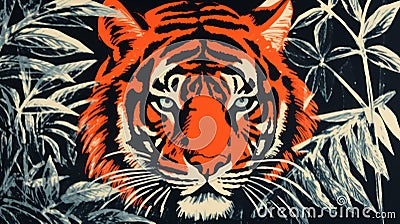 Soviet Nonconformist Art: Orange Tiger Face In Jungle Lino Print Stock Photo