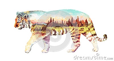 Tiger double exposure illustration Cartoon Illustration