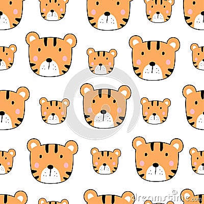 Tiger face hand drawn cartoon animal background seamless vector pattern in cartoon style for kids Used for printing, wallpaper, Vector Illustration