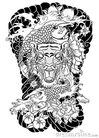 Tiger face with koi dragon on cloud background.Koi fish with tiger roaring tattoo.peach with peony and plum flower on cloud backgr Vector Illustration